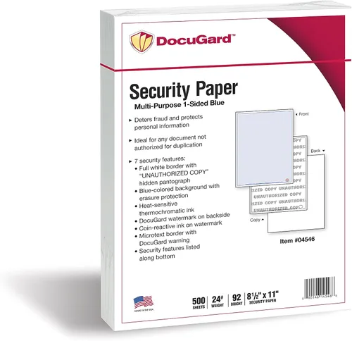 Vista 7 de DocuGard Papel de seguridad multiusos azul estándar, prevención de fraudes, 2 características de seguridad, compatible con impresoras láser
