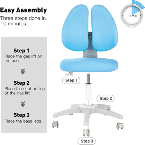 Vista 4 de Silla de escritorio para niños, altura y profundidad del asiento, silla de estudio ajustable con giro de 360°, ruedas de freno para sentarse