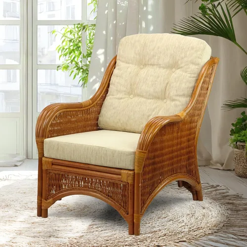 Vista 10 de Jam Lounge Living Accent - Sillón de mimbre de ratán natural, diseño hecho a mano con cojín marrón claro, colonial