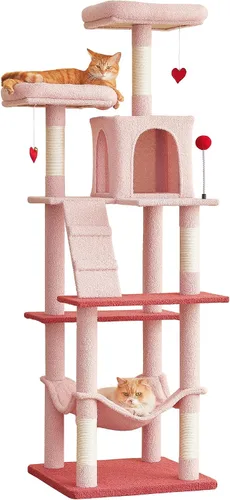Vista 15 de MWPO - Árbol para gatos, multiestructura para gatos grandes con postes rascadores de sisal, plataforma acolchada, hamaca y condominio, torre Beige