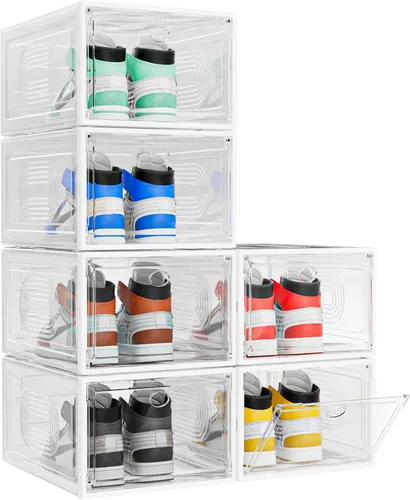 Vista 9 de caktraie Paquete de 10 organizadores de zapatos gruesos apilables, caja de almacenamiento de zapatos resistente mejorada con puerta magnética, Negro