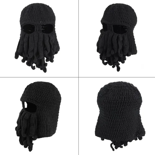 Vista 4 de TRIWONDER Sombrero de barba de punto, divertido gorro de invierno, pulpo, máscara facial, disfraz de Halloween para hombres y mujeres, esquí