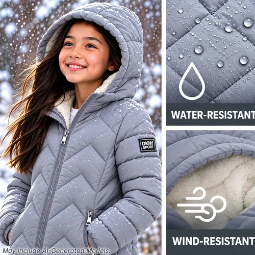 Vista 4 de DKNY Chaqueta acolchada para niñas - Chaqueta acolchada de sherpa completa forrada con escudo glaciar de longitud media para niños con aislamiento