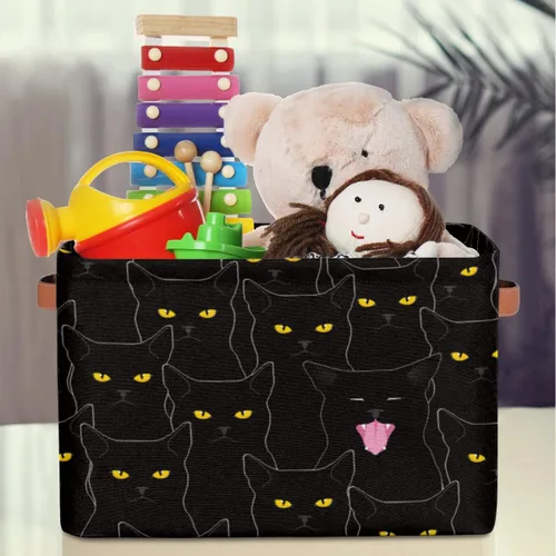 Vista 4 de Cestas de almacenamiento de gatos negros lindas, cestas de tela para lavandería, cajas de almacenamiento de animales de gato, organizador de bolsas