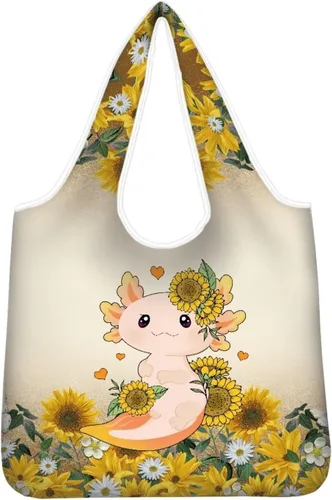 Vista 31 de Belidome Bolsa de comestibles con diseño de donas de ajolotl para compras, lavable, reutilizable, con bolsillo para asa
