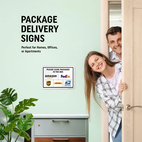 Vista 2 de SmartSign 7 x 10 pulgadas "Por favor, deje los paquetes en la caja - Amazon, FedEx, UPS, USPS" Letrero de instrucciones de entrega de metal