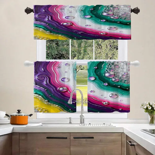 Vista 8 de Shrahala Blue Bright Blackout Curtain Tiers, Colorful Acrylic Paint Pour Abstract Design Kitchen Valance Light Blocking Tier Drapes with Rod Pocket