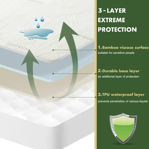 Vista 4 de Protector de colchón impermeable tamaño individual XL, protector de colchón transpirable de rayón de bambú con bolsillos elásticos profundos