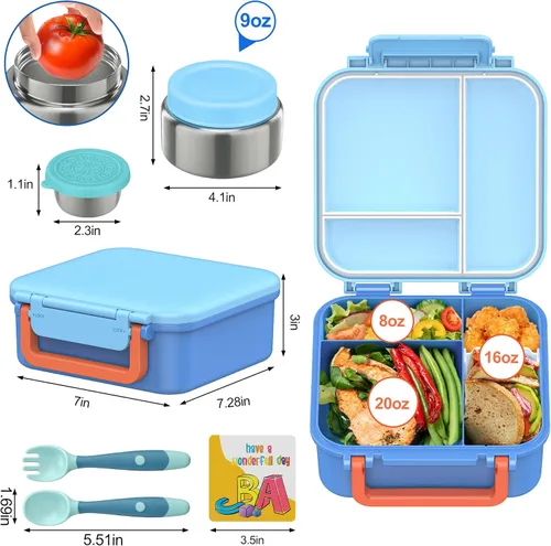 Vista 3 de Lonchera Bento para niños con contenedor térmico de sopa de 9 onzas, a prueba de fugas, 4 compartimentos con tarro de comida caliente aislado