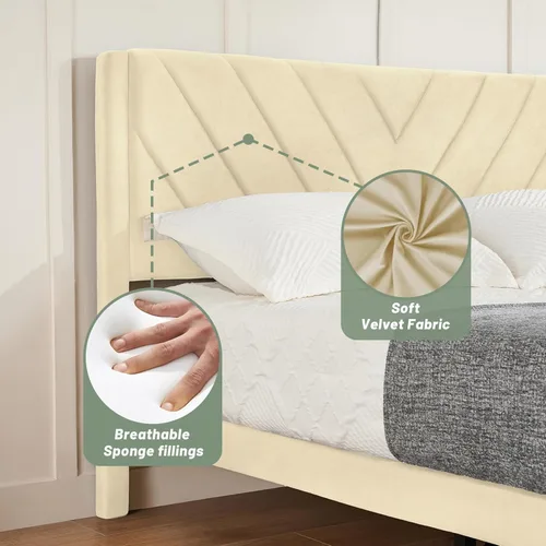 Vista 6 de Base de cama de plataforma de tamaño matrimonial con cabecera de terciopelo, borde de ala, listones de madera resistentes, sin ruido, no necesita