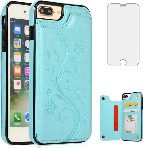 Vista 13 de Funda de teléfono para iPhone 7plus 8plus 7/8 Plus con protector de pantalla de vidrio templado y tarjetero para tarjetero, accesorios de cuero