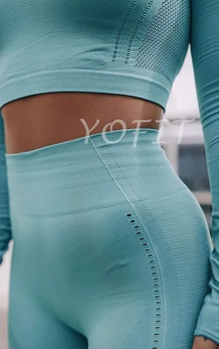 Vista 4 de YOFIT - Conjunto deportivo de 2 piezas leggings de yoga de cintura alta sin costuras y crop top con manga larga para mujer, juego de ropa