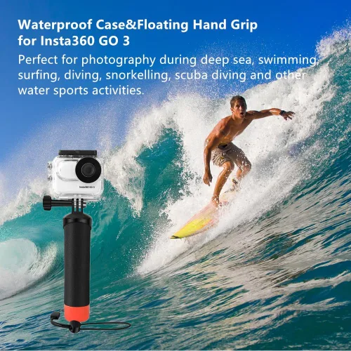 Vista 6 de Funda impermeable y agarre flotante compatible con Insta360 GO 3, carcasa protectora de buceo subacuático con accesorios de soporte
