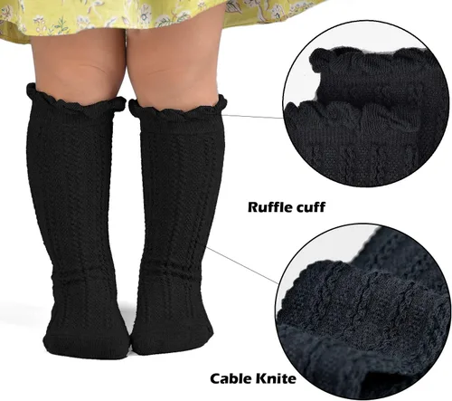 Vista 2 de Epeius - Calcetines altos de algodón para bebés y niñas, de uniforme, calcetas con vuelos (Paquete de 3 o 5)