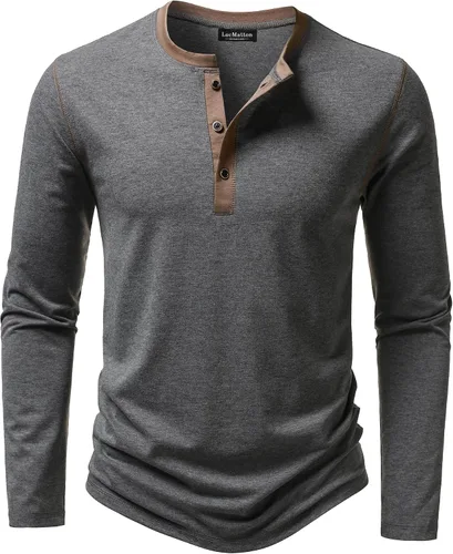 Vista 15 de LucMatton Camiseta de manga larga para hombre, ajuste entallado, elástica, estilo Henley, casual, con solapa de 3 botones