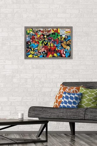 Vista 2 de Trends International Marvel Comics - Póster de pared de línea retro, 14.725 x 22.375 pulgadas, versión enmarcada de madera de granero