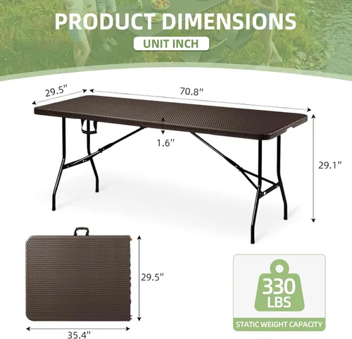 Vista 3 de 6FT Folding Table Portable Picnic Table Heavy-Duty Fold-in-Half Utility 6 Foot Foldtable Table with Carry Handle for Outdoor Indoor Party, Dining