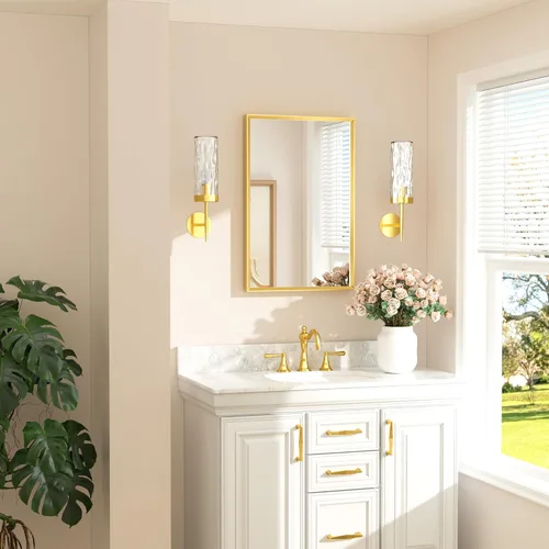 Vista 10 de TETOTE Espejo de baño dorado cepillado de 20" x 30", espejo de tocador de baño rectangular de latón dorado cepillado con marco biselado para sobre