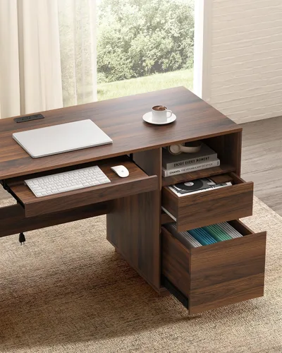 Vista 6 de Escritorio ejecutivo de 47 pulgadas con cajón de archivos, escritorio de computadora de granja con estación de carga y compartimento