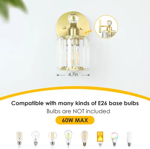 Vista 2 de Lámparas de baño doradas de 1 luz, modernas luces de tocador de baño con pantalla de cristal transparente, luces de montaje en pared de baño