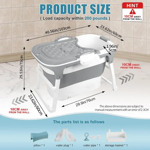 Vista 9 de Portable Bathtub Adult, 41" Foldable Soaking Tub with Lid, High Wall, Cover Gray