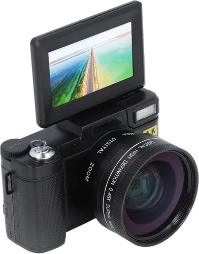 Vista 2 de Cámara digital 4K Auto Focus Anti Shake 48MP Vlogging Cámara 32G Tarjeta 180 grados Flip Screen 0.45X Lente macro gran angular (negro)