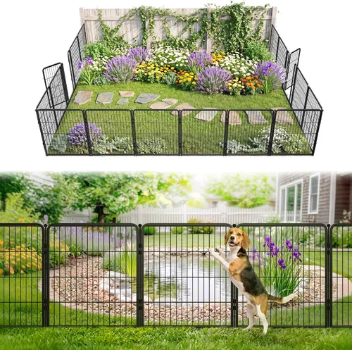 Vista 57 de FXW Valla de jardín al aire libre para el patio, 17 pulgadas de alto x 29.3 pies de largo, barrera de metal resistente para animales, para perros