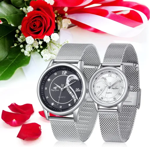 Vista 2 de Relojes para parejas, regalos para el día de San Valentín, románticos, con esfera de corazón, de cuarzo, de acero inoxidable, con caja de regalo