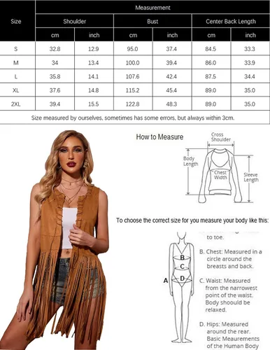 Vista 6 de HOTOUCH Women Fringe Vest 70s Hippie Costume Faux Suede Sleeveless Tassels Cardigan Cowgirl Western Tops