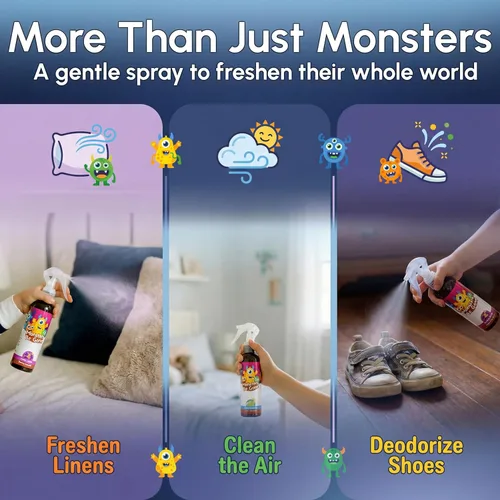 Vista 7 de Monsters Be Gone - Aerosol para el cuerpo y el lino, neutralizador de olores natural, no tóxico, ambientador de habitación para niños (polvo lácteo)