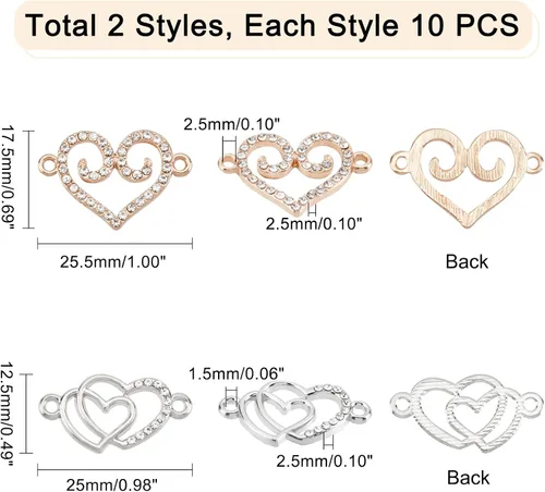 Vista 3 de PH PandaHall Dijes de corazón con diamantes de imitación, 20 piezas de eslabones de corazón de amor, dijes de San Valentín con doble corazón, dije