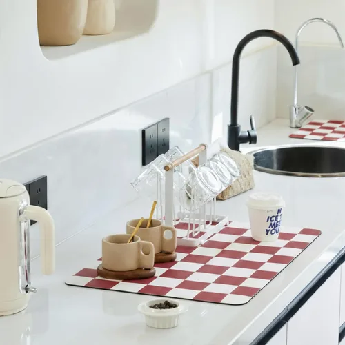 Vista 17 de Ohocut Tapete de secado de platos a cuadros para encimera de cocina, accesorios de estación de cafetería, estética, retro, moderna, absorbente