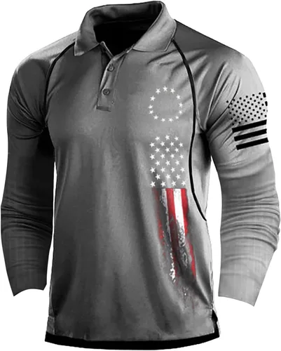 Vista 5 de Camisa polo de manga larga con bandera estadounidense para hombre, cuello gráfico patriótico, camiseta de golf, moderna, casual, cuello en V, tops