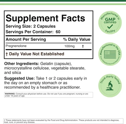 Vista 2 de Pregnenolona 100 mg por porción (convertida a progesterona para aumentar los niveles de progesterona) - Testado por terceros - 120 cápsulas