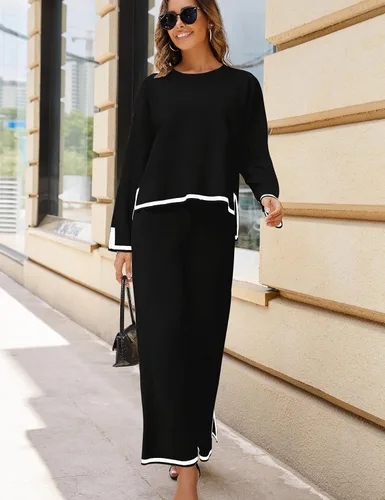 Vista 4 de Faleave Conjunto de 2 piezas de punto para mujer, suéter de manga larga, sin botones, pantalones de pierna ancha, conjunto de ropa deportiva
