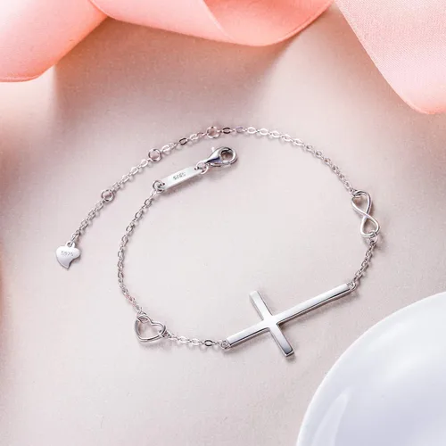Vista 5 de EVER FAITH Pulsera de cruz de plata de ley 925 religiosa clásica con dije de infinito con dije de cruz, cadena ajustable, cumpleaños, día