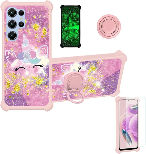 Vista 24 de jioeuinly Funda compatible con Oukitel P1 Pro con protector de pantalla de vidrio templado, policarbonato duro + silicona suave, soporte de anillo