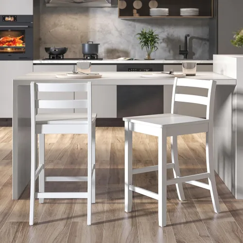 Vista 4 de COSTWAY Juego de 2 taburetes de bar de madera, taburetes de altura de mostrador de 24 pulgadas con respaldo ergonómico y reposapiés, sillas de Blanco