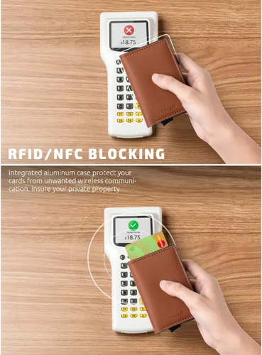 Vista 51 de VULKIT Tarjetero RFID Bloqueo de Cuero Automático Pop Up Cartera Aluminio Slim Pocket Tarjeta de Visita