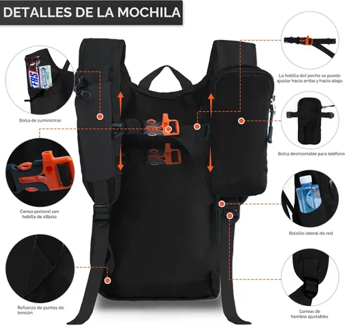 Vista 5 de Mochila de senderismo 10L/15L, pequeña, ligera, plegable, para viajes, mochila de día, resistente al agua, para mujeres y hombres (Negro, 10L)