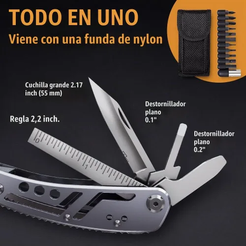 Vista 7 de Multiherramienta 24 en 1 con cuchillo, alicates y 11 puntas de acero inoxidable afilado, multiherramienta para hombres, equipo ideal