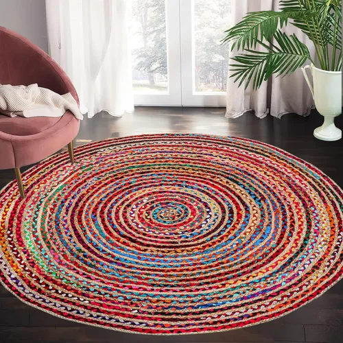 Vista 7 de Alfombra redonda de yute tejida a mano de 3 pies - Alfombras bohemias coloridas para sala de estar - Alfombra bohemia multicolor trenzada a mano