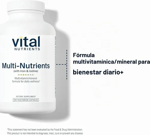 Vista 3 de Vital Nutrients - Multi-Nutrientes con Hierro y Yodo - Fórmula Integral Multivitamínica/Mineral que contiene hierro y yodo - 180 cápsulas