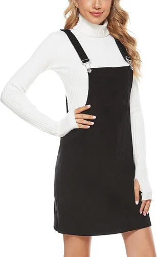 Vista 3 de Yeokou Vestido de pana para mujer, con tirantes acampanados, con bolsillo tipo babero