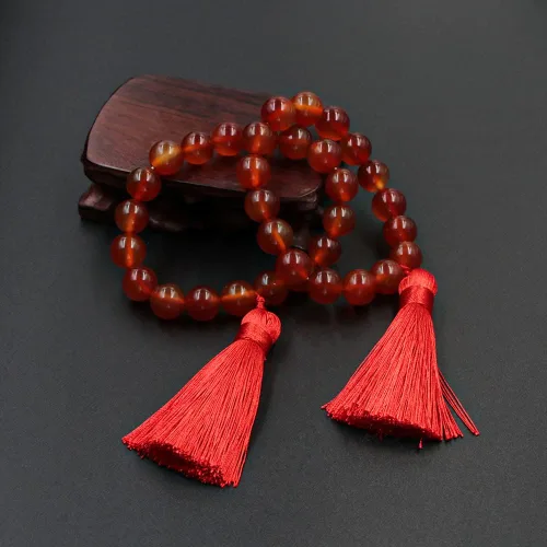 Vista 6 de Game Genshin Impact Hu Tao - Pulsera de cosplay con cuentas de cristal rojo, borla sedosa, elástica, para mujer, regalo de joyería, Piedra, No es