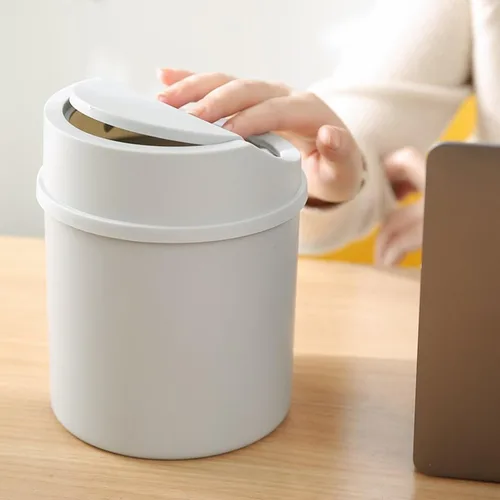 Vista 3 de Basurero de basura – Mini bote de basura de plástico para escritorio con tapa giratoria, elegante papelera para encimera, cesta de papel de desecho