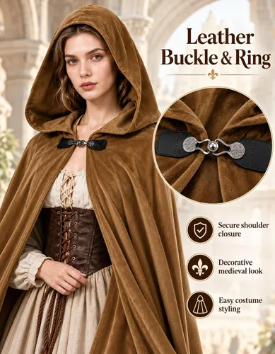 Vista 4 de JPXH Capa medieval con capucha renacentista para hombres y mujeres, disfraz de Halloween Marrón