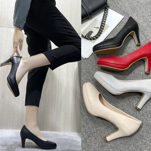 Vista 2 de DADAWEN Zapatos con tacón medio y punta redonda de cuero para mujer, estilo clásico, Mary Jane, nupcial, boda, fiesta, zapatos con bomba
