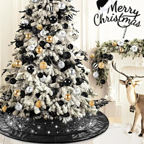 Vista 2 de Falda negra para árbol de Navidad de Halloween de 48 pulgadas, falda de árbol grande con purpurina para árbol de 7.5 pies, falda de árbol
