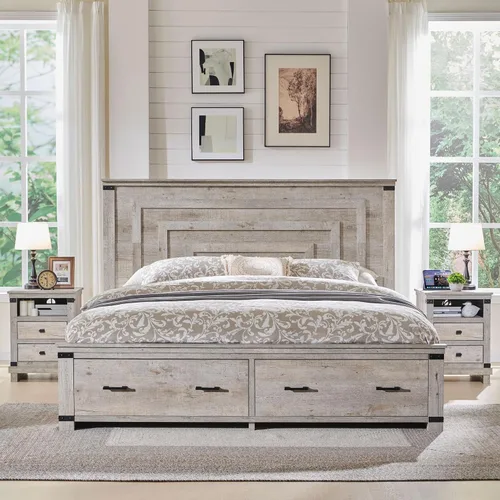 Vista 8 de Marco de cama de madera tamaño Queen de 54 pulgadas de alto con cabecero, cepillo antiguo color blanco Cepillo antiguo blanco
